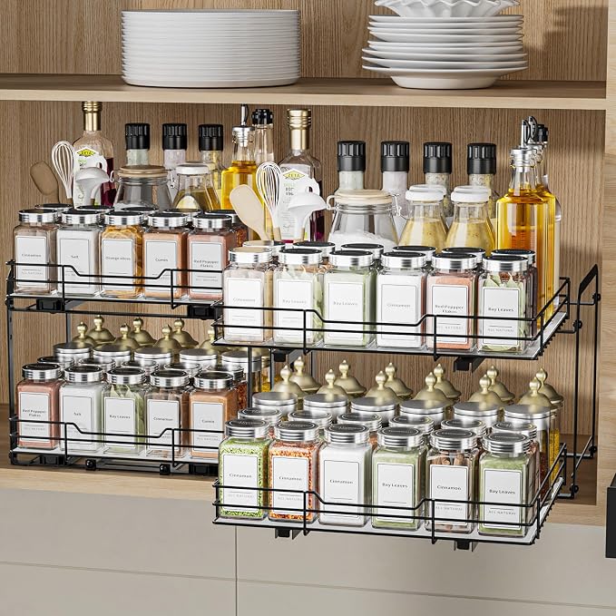 BOIVSHI 2-Tier Pull Out Spice Rack, Spice Rack Organizer, Pull Out Spice Racks for Inside Cabinets, Height Adjustable Heavy Duty Metal Basket for Inside Cabinet & Pantry (13.5''Wx10.5''Dx9.5''H) - Image 8