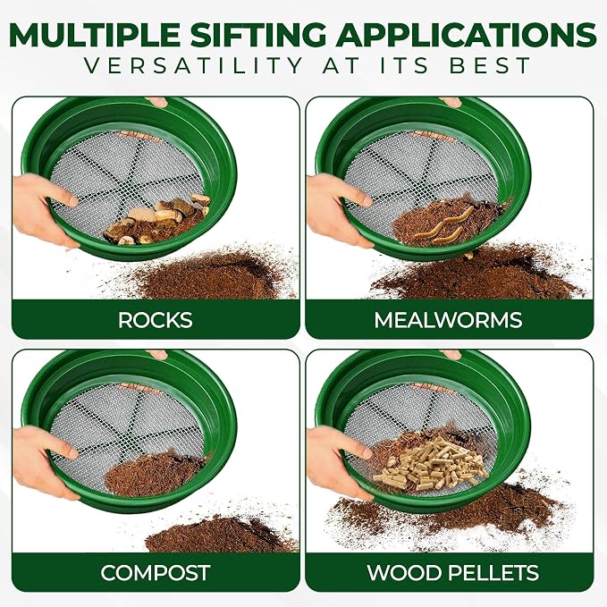 SE 13.25 Inch Wide Stackable Classifier Gold Prospecting Pan Set - Includes 1/2" 1/4" 1/8" 1/12" and 1/20" Stainless Steel Mesh Sifting Pans, Green, 5 Pack - Image 8