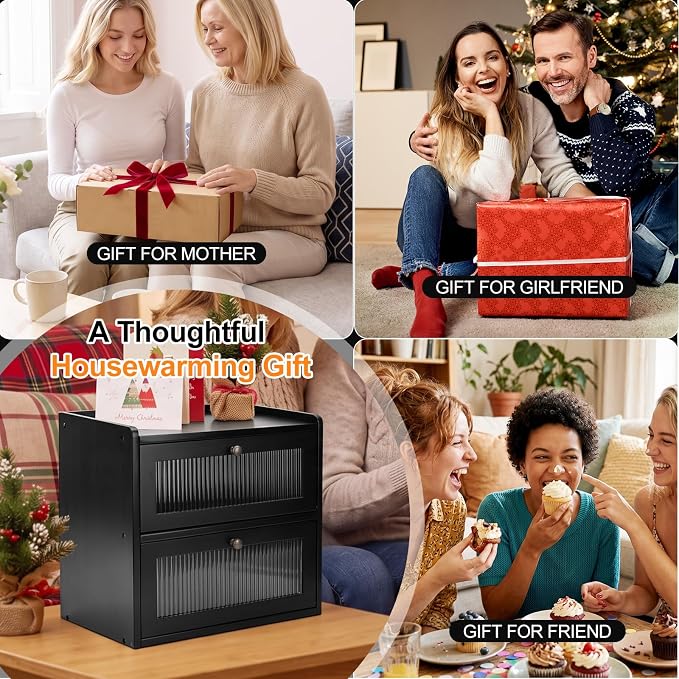 Alpeir Wooden Bread Box for Kitchen Countertop, Large Double Layer, Black | Food-Safe Pine Wood, Double-Row Ventilation, Strong Acrylic Window, Raised Top Shelf, Easy Care, Farmhouse Corner Container - Image 8