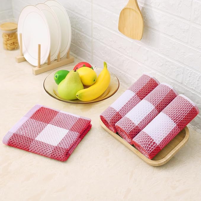 Homaxy Kitchen Towels and Dishcloths Set, Set of 8, White & Red | Bulk Cotton Waffle Weave Check Plaid Kitchen Towels, Super Soft and Absorbent Dish Cloths, 12 x 12 and 13 x 28 Inches - Image 8