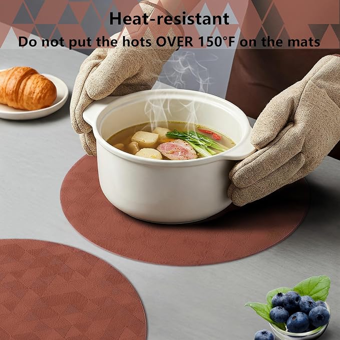 Jovono Upgraded 15" Round Placemats Set of 6, Waterproof & Oil-Proof, Non-Slip Reversible Washable Big Table Mats, Spill-Proof for Kids Families, Restaurant, Hotel, Kitchen, Indoor, Brown - Image 7