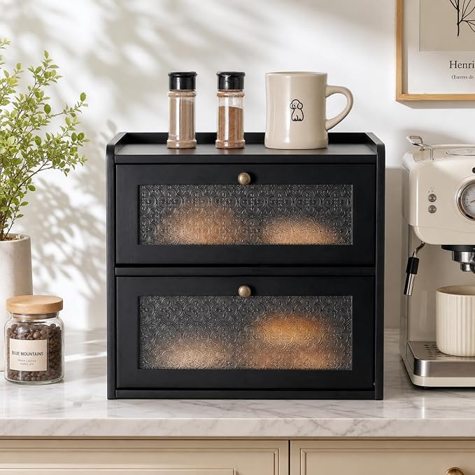 Sunhoo Bread Box for Kitchen Countertop, Large Pine Wood Breadbox, Black | Farmhouse Pantry Container, Double Layer Storage, Fresh Homemade Sourdough Bin, Vintage Textured Acrylic Door, Easy Assembly - Image 7