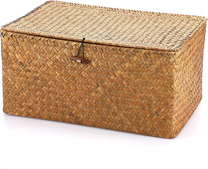Hipiwe Wicker Shelf Baskets Bin with Lid Handwoven Storage Basket, X-Large | Rectangular Basekts Bins Natural Seagrass Household Basket Boxes for Shelf Wardrobe Home Organizer, Caramel - Image 9