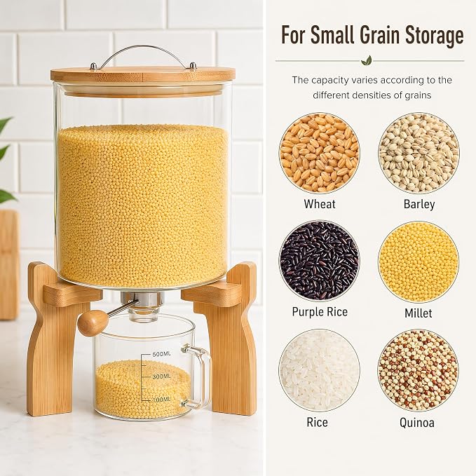 Goaste Glass Rice Dispenser with Bamboo Stand, 5L Flour Cereal Container with Airtight Lid, 8 Lbs Large Grain Food Storage Bucket, Countertop Beans Storage Tank with Measuring Cup & Valve for Dry Food - Image 9