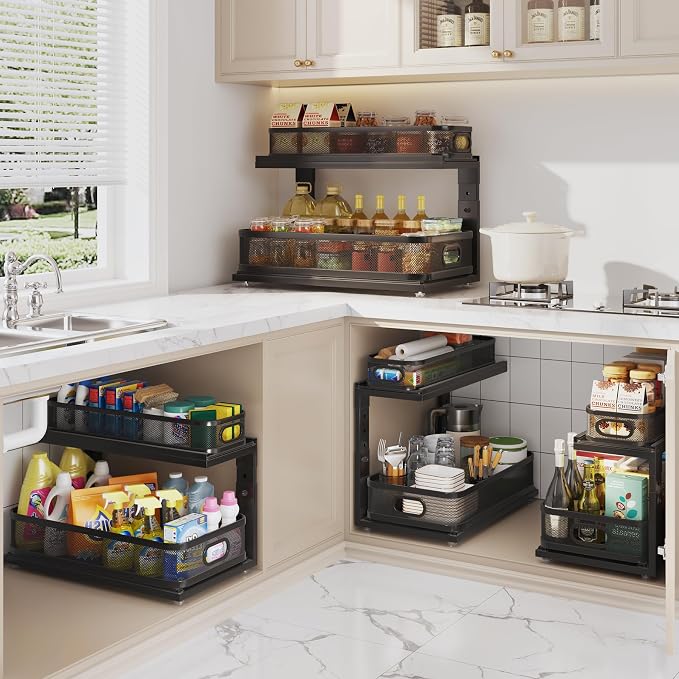 2 Pack 21IN-Depth Under Sink Organizer With Next-Gen Ball-Bearing Slides,2-Tier Precision Mesh Pull Out Cabinet Storage for Bathroom&Kitchen,Height Adjustable Drawers Shelf,Anti-rust-Black - Image 8