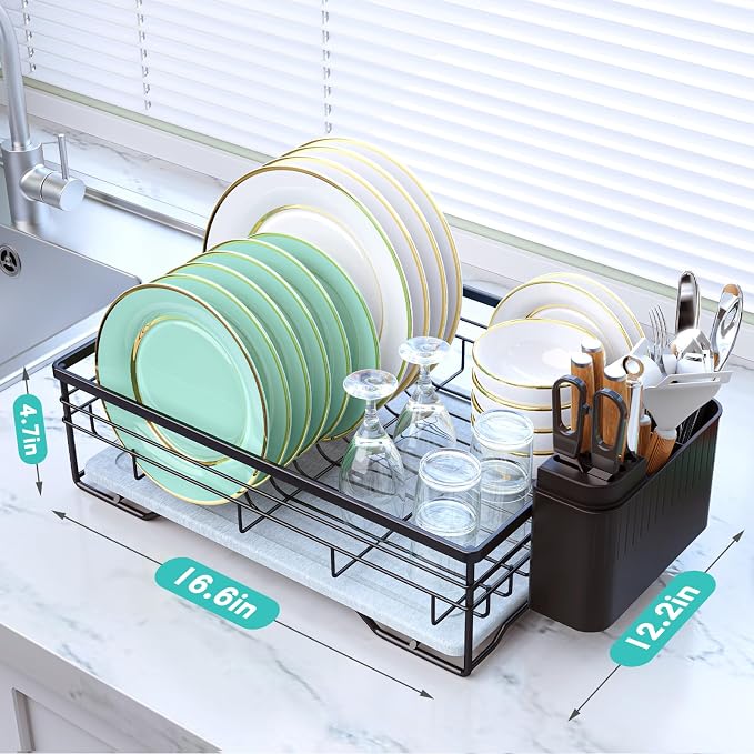 VABNEER Dish Drying Rack with Stone Drying Mat, Quick-Drying/Stainless/Super Sturdy/Space-Saving, Dish Strainers for Kitchen Counter, Escurridor de Trastes para Cocina (Black) | Quick-drying stone mat, sturdy stainless steel frame and space-saving desi... - Image 6