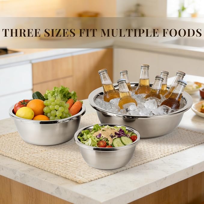 3-Piece Metal Mixing Bowl Set, Stainless Steel, Nesting | 1.3, 3.5 and 7.4 qt sizes with wide rolled rims, flat bases and deep bowls for baking, dough and salad prep - Image 7