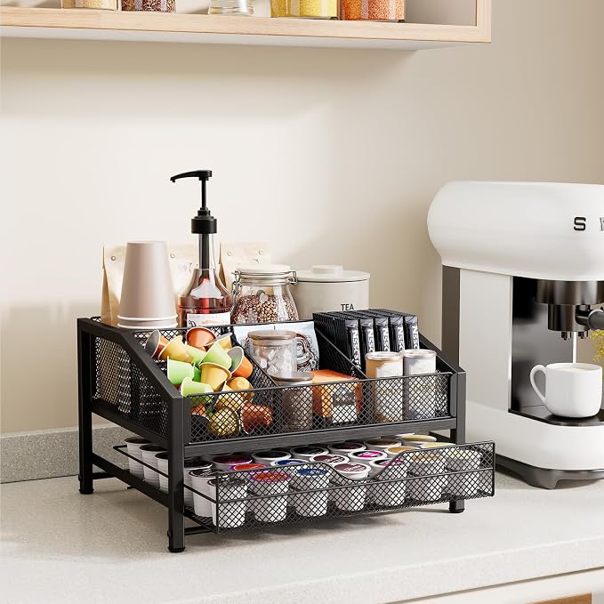 Coffee Bar Organizer - Coffee Station for Countertop, Metal and Wood K Cup holder Storage Basket with Drawer for Syrup, Cups, Stirrer, Condiment, Tea Organizer, Black - Image 8