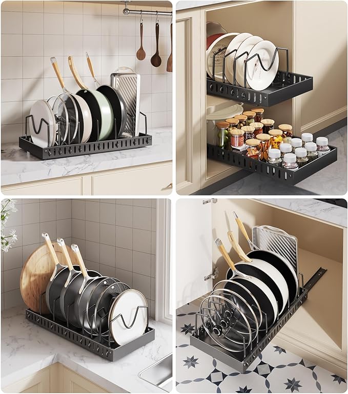 Lozovin Pull Out Pots and Pans Organizer Under Cabinet, Sliding Lid Holder and Pan Rack in Kitchen, Slide Out inside Cabinet Storage for Pot Lid, Bakeware, Dishes, 8 Adjustable Dividers, 1 Pack Black - Image 7