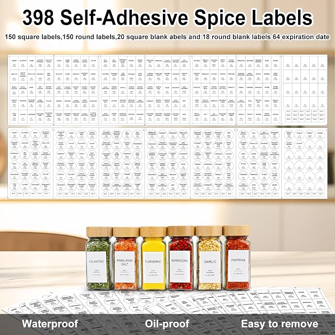 Spice Rack Organizer with Spice Jars & Labels for Countertop & Cabinet | 4-Tier Metal Spice Rack Organizer, 4 fl oz 24 Spice Jars with Bamboo Airtight Lids, 398 Labels for Kitchen Cabinet & Pantry - Image 6