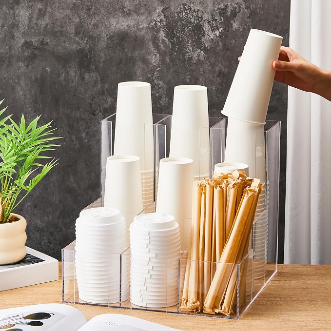 CroBlissful Acrylic Vertical Coffee Cup and Lid Dispenser, Coffee Condiment Organizer, 9 Compartment for Disposable Paper & Plastic Cup, for Cabinet Station Home Countertop Bar 13''l x 13''w x 12''h - Image 7