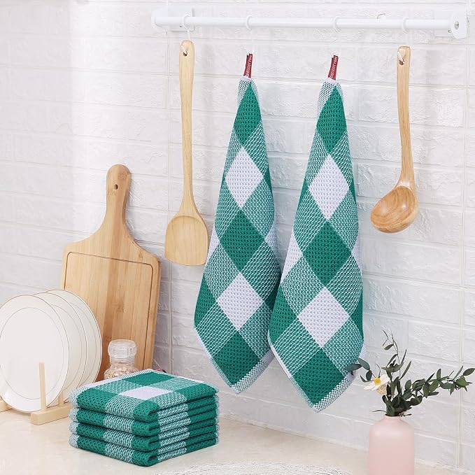 Homaxy Kitchen Towels and Dishcloths Set, Set of 8, White & Teal | Bulk Cotton Waffle Weave Check Plaid Kitchen Towels, Super Soft and Absorbent Dish Cloths, 12 x 12 and 13 x 28 Inches - Image 8