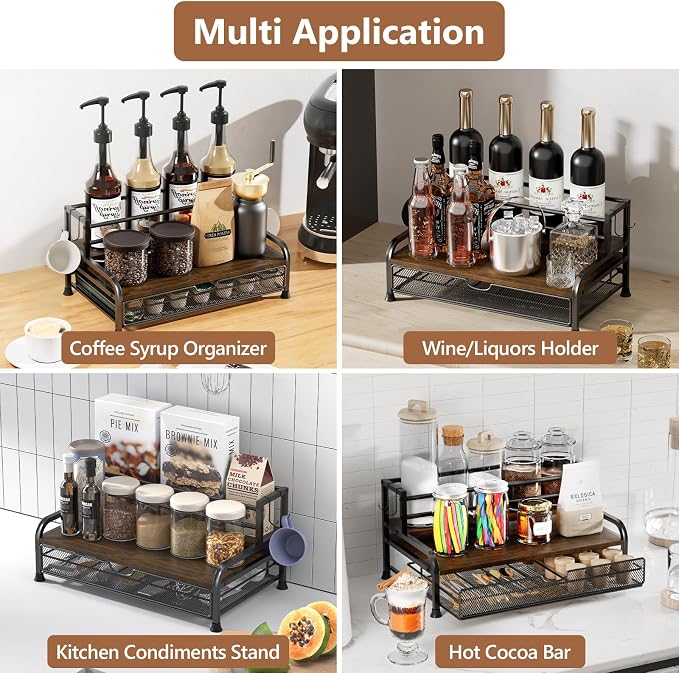 Coffee Syrup Rack Organizer, with Anti-Fall K-Cup Pod Holder Drawer | Black Metal Rack for 8 Syrup Bottles, Countertop Bottle Holder Stand for Wine, Space-Saving Design for Kitchen Cafe Station - Image 7
