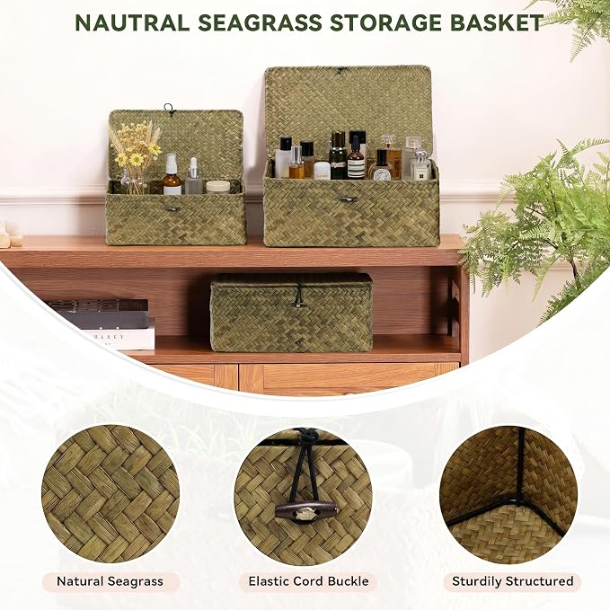 Nonam Storage Basket with Lid, Natural Seagrass Bin with Lid Set of 3, Shelf Baskets Multipurpose Container for Boho Decoration, Rectangular Storage Boxes for Home Organization- Dark Moss Green - Image 6
