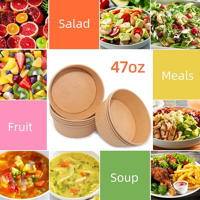Disposable Round Paper Bowls with Lid 47oz Compostable, 50 Sets Microwave Deli Containers Leakproof, Extra Large Meal Prep Food Container Box, Sturdy Salad Dressing Bowl for Soup Toppings Picnic - Image 9
