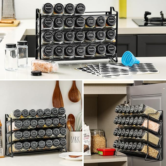 AOZITA Spice Rack Organizer for Cabinet, Spice Organizer with 28 Empty Spice Jars with Black Lids, Funnel, Spice Labels, Seasoning Organizer for Countertop, Cabinet, Kitchen, Pantry, Cupboard - Image 7
