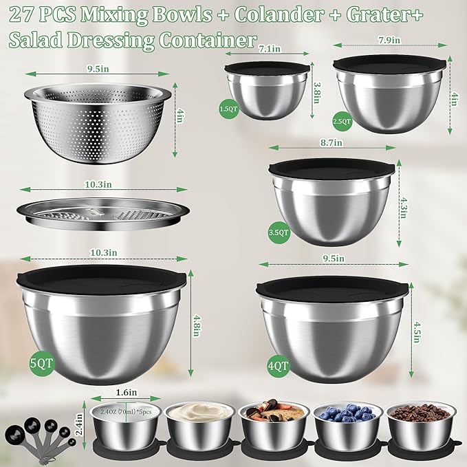 Mixing Bowls with Lids Set, 27Pcs Stainless Steel Nesting Mixing Bowls Set for Kitchen Cooking & Storage, Metal Salad Bowls with Colander, Strainer, Grater & Dressing Containers, Kitchen Gadgets Black - Image 8