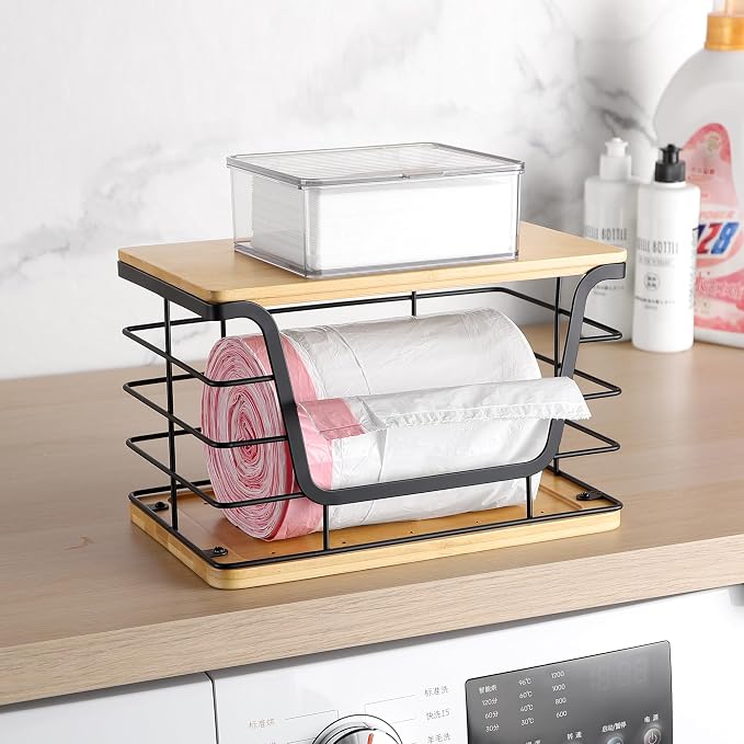 ALOCEO Large Wire Basket for Kitchen Pantry, Stainless Steel Kitchen Counter Organizer for Potato Onion, Trash Bag Dispenser Under Sink with Bamboo Top, Black - Image 7