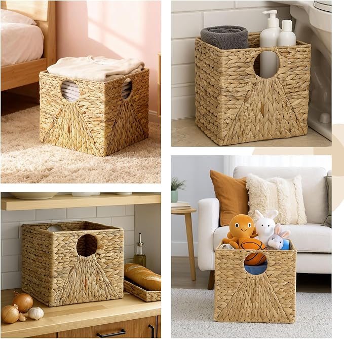 Jinei 6 Pcs Water Hyacinth Storage Baskets 12"x12"x12" Wood Color | Handwoven Wicker Bins with Handles, Wicker Cube Baskets Bulk for Shelves Organizer Laundry, Closet Bedroom - Image 7
