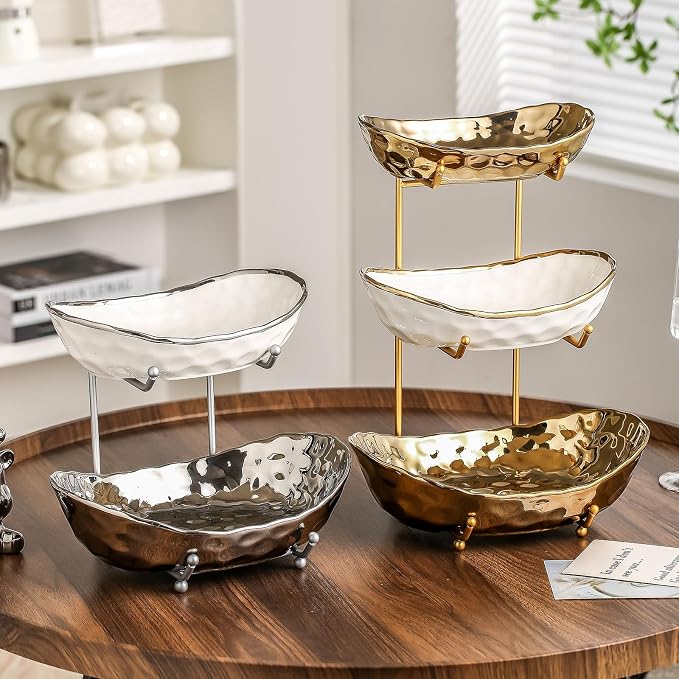 2-Tier Fruit Bowls for Kitchen Counter,Ceramic Bowl with Silver Metal Stand,2 Tier Fruit Basket for Fruit,Snack,Cake,Nuts,Dessert Space Saving Storage - Image 6