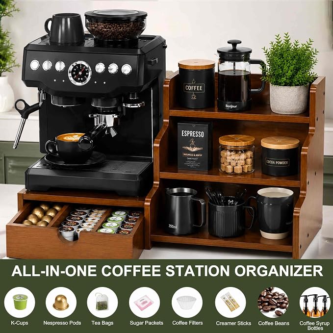 Coffee Station Organizer with K Cup Holder Drawer for Countertop, Coffee Tea Bar Accessories Office Corner Stand Station, 28 Pods Holder Drawer 3-Tier Trapezoidal Wooden Syrup Organizer Rack - Image 6