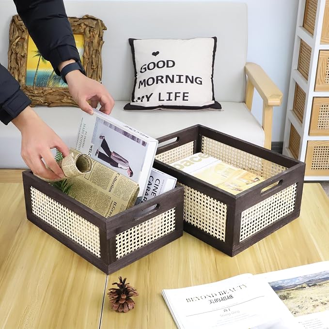 Desktop Storage Basket, Sundry Office Drawer Storage Box, Wood Frame Storage Basket. (Brown-Set2) - Image 7