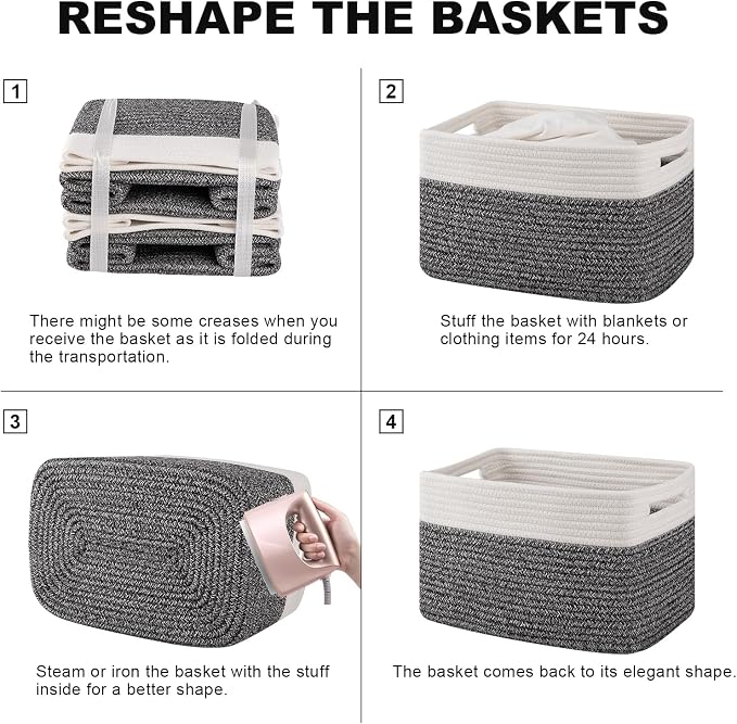4 Pack Storage Baskets for Organizing, Woven Baskets for Shelves - Perfect for Toys, Books, Towels, and Clothes, Durable Gift Basket Bins Toy Storage, 12.7''Lx9''Wx7.8''H, Black & White - Image 6