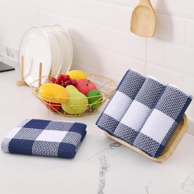 Homaxy Kitchen Towels and Dishcloths Set, Set of 10, White & Navy Blue | Bulk Cotton Waffle Weave Check Plaid Kitchen Towels, Super Soft and Absorbent Dish Cloths, 12 x 12 and 13 x 28 Inches - Image 8