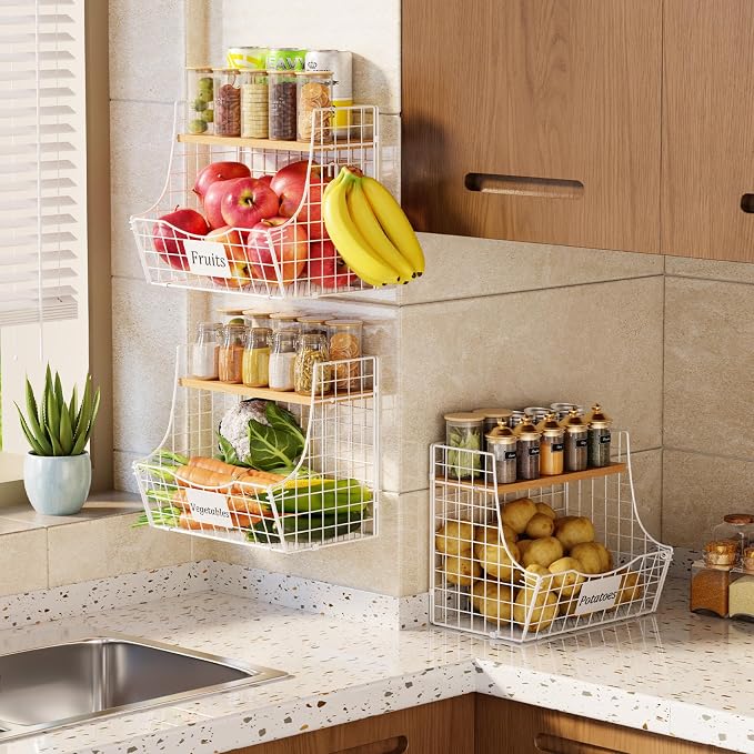 3 Pack Hanging Fruit Basket for Kitchen with Wood Lid - Onion and Potato Storage Fruit Bowl with Nameplate for Counter&Wall Mounted, Stackable Storage Basket,11.81 * 8.66 * 10.63inch - Image 7