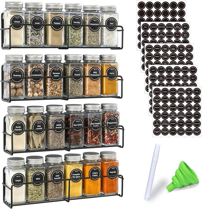 VITEVER Magnetic Spice Rack, 4 Pack, 24 Square Glass Jars with Lids, Quick-Find Pre-Printed Labels, Funnel, Space Saver, Refrigerator and Microwave Oven Organizer - Image 7
