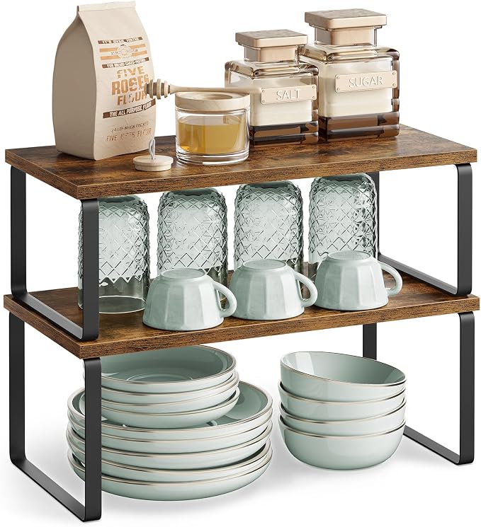 SONGMICS Cabinet Organizer Shelf, Set of 2 Kitchen Counter Shelves, Kitchen Storage, Spice Rack, Stackable, Expandable, Metal and Engineered Wood, Ink Black and Rustic Brown UKCS200X01 - Image 8