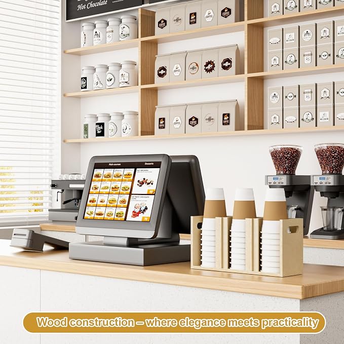Wood Cup Lid Organizer 3 Compartments with Adjustable Dividers for Counter Wall Mount Disposable Cup and Lid Storage Kitchen Restaurants Fast Food Coffee Shop Supplies (15”W x 7”H x 4.7”D) - Image 8