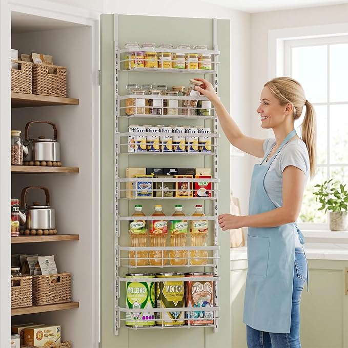 Apinol Over the Door Pantry Organizer, Adjustable 6 Tier Wide Storage Shelves with Hooks Fit Thin Doors Hold Spices Rack for Pantry Kitchen RV, White - Image 8