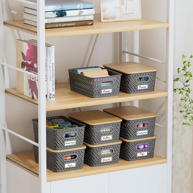Anysig 8 Pack Plastic Storage Bins with Bamboo Lids, 5.2 QT Stackable Bins | Decorative Small Storage Basket Containers for Organizing Shelves Office Classroom Desktop Closet, Grey - Image 7