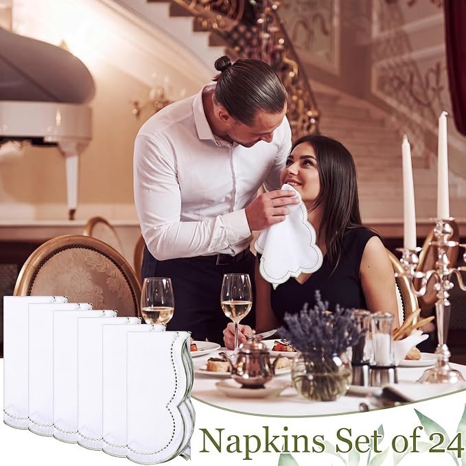 Hahafelt Cloth Napkins 18x18inches Scalloped Embroidery Cloth Napkins Washable Polyester Table Dinner for Hotel Restaurant Weddings Events Parties(Sage Green,24 Set) - Image 7
