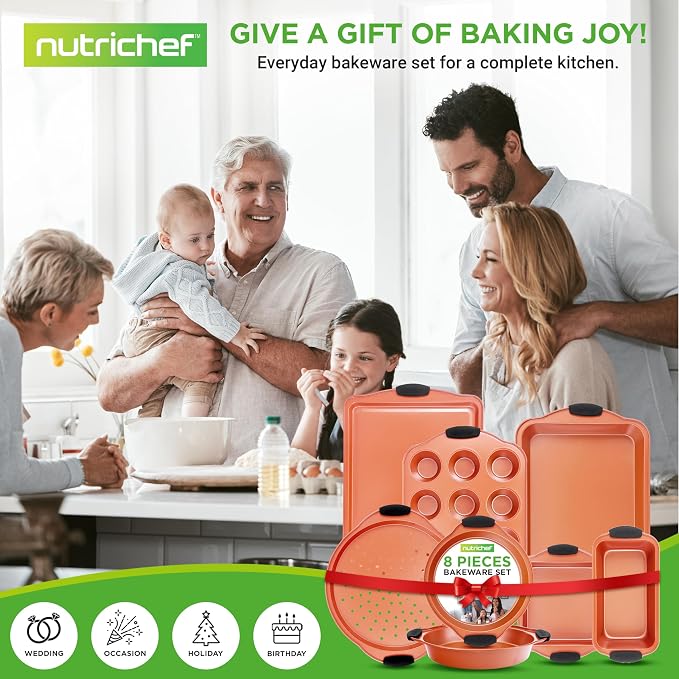 NutriChef 8 Piece Baking Pans Set - Nonstick Carbon Steel Bakeware Set w/ Silicone Heat-Safe Handles - Includes Loaf Pan, Muffin Pan, Cookie Sheets, Pizza Crisper, Roasting Pans - Rose Gold - Image 7