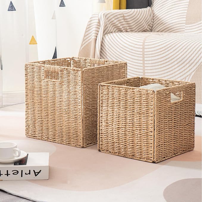 Foldable Storage Cube Bins Set of 4, Paper Woven Square Baskets, Natural, 11" x 11" x 11" - Image 9