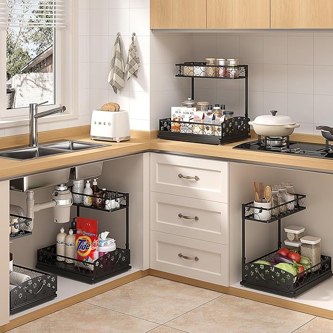 2-Pack 2-Tier Height Adjustable Under Sink Organizer & Storage | Multi-purpose storage for kitchen & bathroom cabinet. Extra Large metal shelf, height adjustable design for space-saving. - Image 6