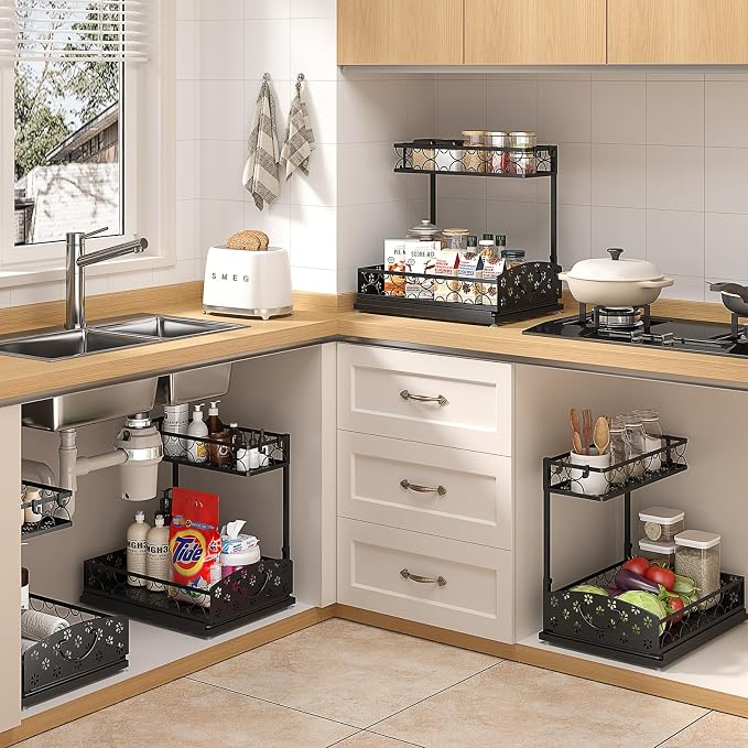 2-Pack 2-Tier Height Adjustable Under Sink Organizer & Storage | Multi-purpose storage for kitchen & bathroom cabinet. Extra Large metal shelf, height adjustable design for space-saving. - Image 6