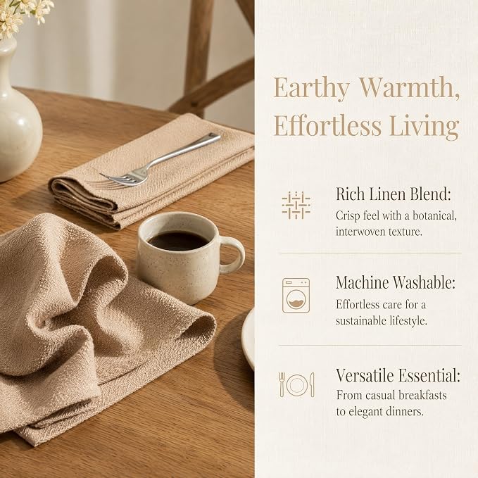 17x17 Solid Brown Linen Napkins Set of 12 Washable Thanksgiving | Hosting Thanksgiving? This set of 12 washable brown cloth napkins perfectly complements your autumn harvest decor. - Image 8