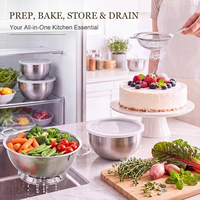 Geetery 7 Pcs Stainless Steel Kitchen Accessories Set 3 Nesting Mixing Bowls with Lid(1.5/3/5qt), 1 Colander with Handle(5qt), 3 Fine Mesh Strainers(8/14/20cm) for Cooking, Baking, Prepping, Draining - Image 7