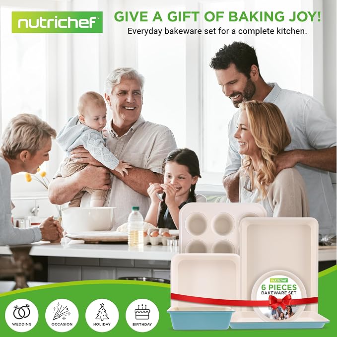NutriChef 6-Piece Baking Pan Set, Carbon Steel Bakeware with Premium Ceramic Nonstick Coating, Includes 12-Cup Muffin Pan, Cake & Loaf Pan, Wide Bake Pan, & Cookie Sheet - Turquoise - Image 7