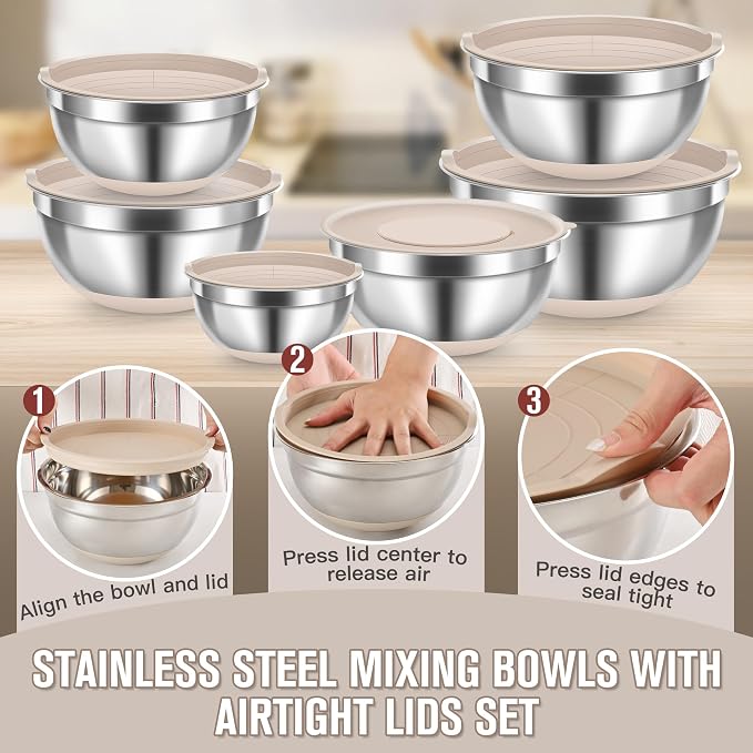 7QT 23PCS Mixing Bowls with Airtight Lid Set, Stainless Steel Nesting Bowls with 3 Graters, Non-Slip Base, Large Prep Bowls 7, 3.5, 2.5, 2, 1.4, 1QT & 14 Measuring Spoons Great for Baking, Serving - Image 9