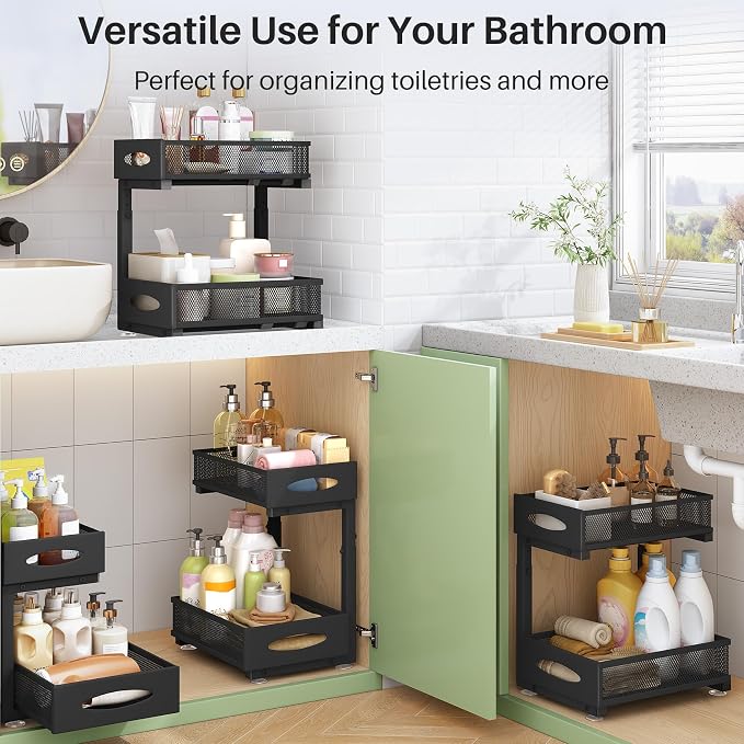Under Sink Organizer, 2 Tier Pull out Cabinet Organizer Baskets with Mesh Sliding Drawers, Slide out Storage Shelf for Home, Kitchen, Bathroom, Pantry, Office Cabinet, Countertop(1 Pack) - Image 9