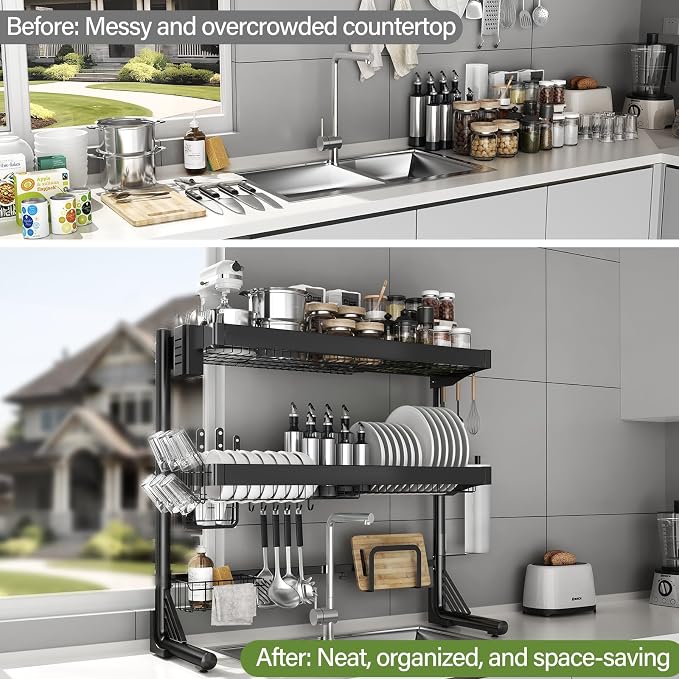 Over Sink Dish Drying Rack, 3-Tier Full Stainless Steel Drainer Dish Rack Adjustable 20.9''-37.4'', Expandable Multifunctional Kitchen Organizer - Image 8