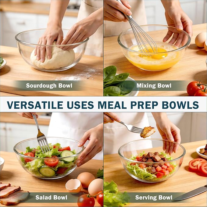 Glass Mixing Bowls with Lids Set of 4,Glass Bowls with Lids Large Mixing Bowl Salad Bowls Space-Saving Nesting bowls Serving bowls Storage Container for Cooking,Baking,Prepping - Image 8