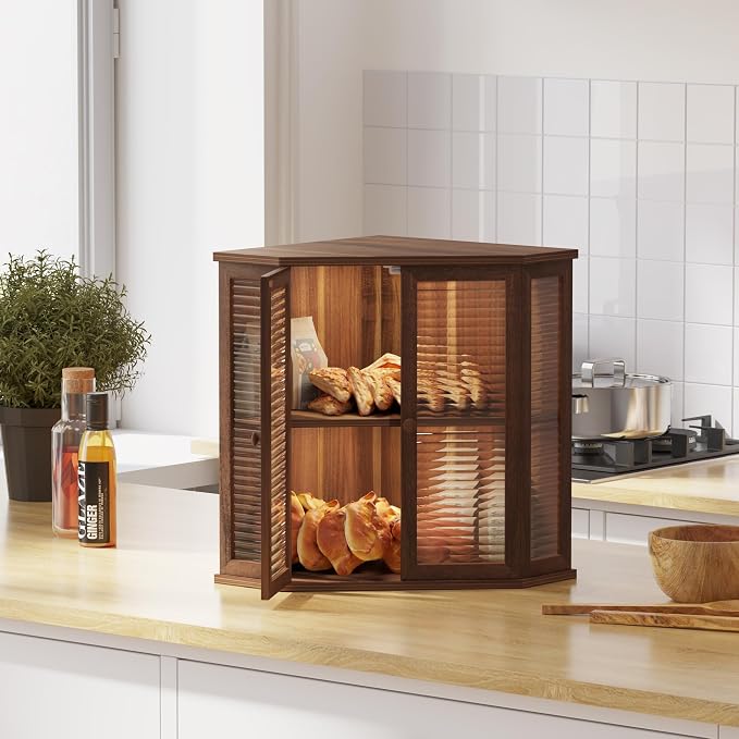 Corner bread box Bread Box for Kitchen Countertop - Corner Bread Storage Box 16.5" H, Premium Wood with Glass Door, Perfect for Homemade Bread, Baguettes & Pastries (Acacia brown) - Image 8