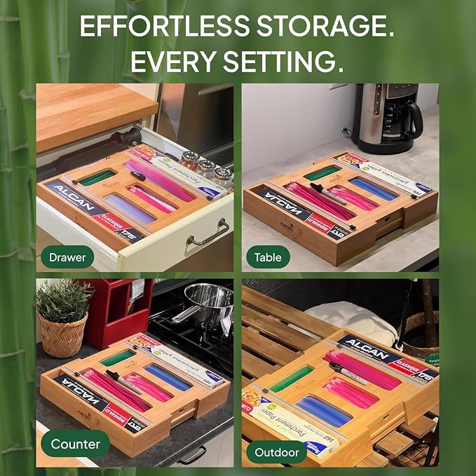 3" Slim 6-in-1 Expandable Storage Bag Organizer Kitchen Drawer - Bamboo Baggie Organizer for Drawer, Aluminum Foil & Saran Wrap Cutter, Plastic, Gallon, Quart & Sandwich Bags (11.5"-17.63" Wide) - Image 9