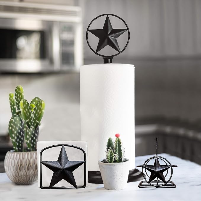 Black Rustic Texas Star Paper Towel Holder - Country Farmhouse Iron Metal Primitive Kitchen Countertop Paper Towel Holders, Western Style Stand for Paper Towels, Table Decor (Paper Towel Holder) - Image 6