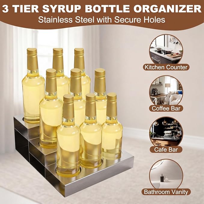 Novabright 3 Tier Coffee Syrup Rack Organizer, Stainless Steel Syrup Bottle Holder for Coffee Bar, 9 Bottle Commercial Rack for Cafe Countertop, Cafe Station Storage Organizer, 15.5" D x 12" W x 6" H - Image 6